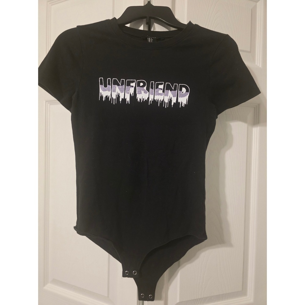 Forever 21 Bodysuit Womens Small Black Excellent Unfriend Graphic Short Sleeve